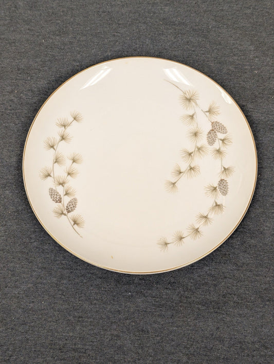 Front view of Mikasa Sequoia 6141 plate with pine needle pattern and gold rim