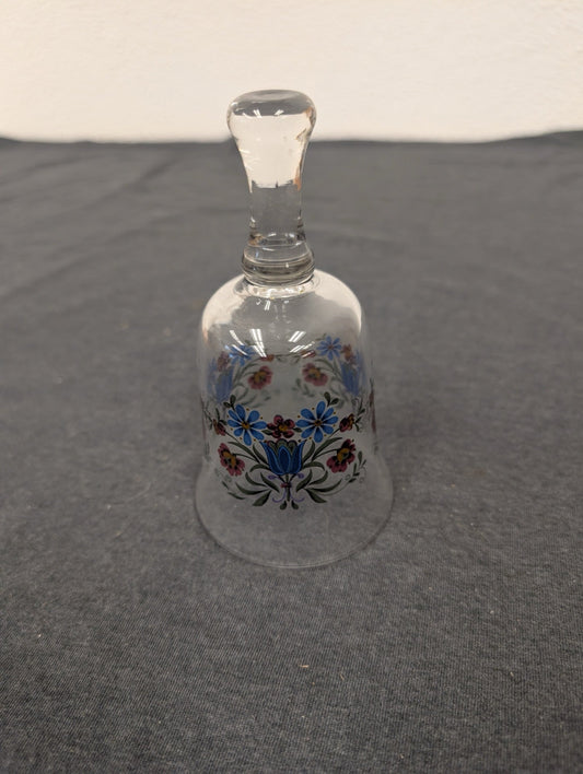 Clear glass bell with a painted floral garland of blue, pink, and yellow flowers.