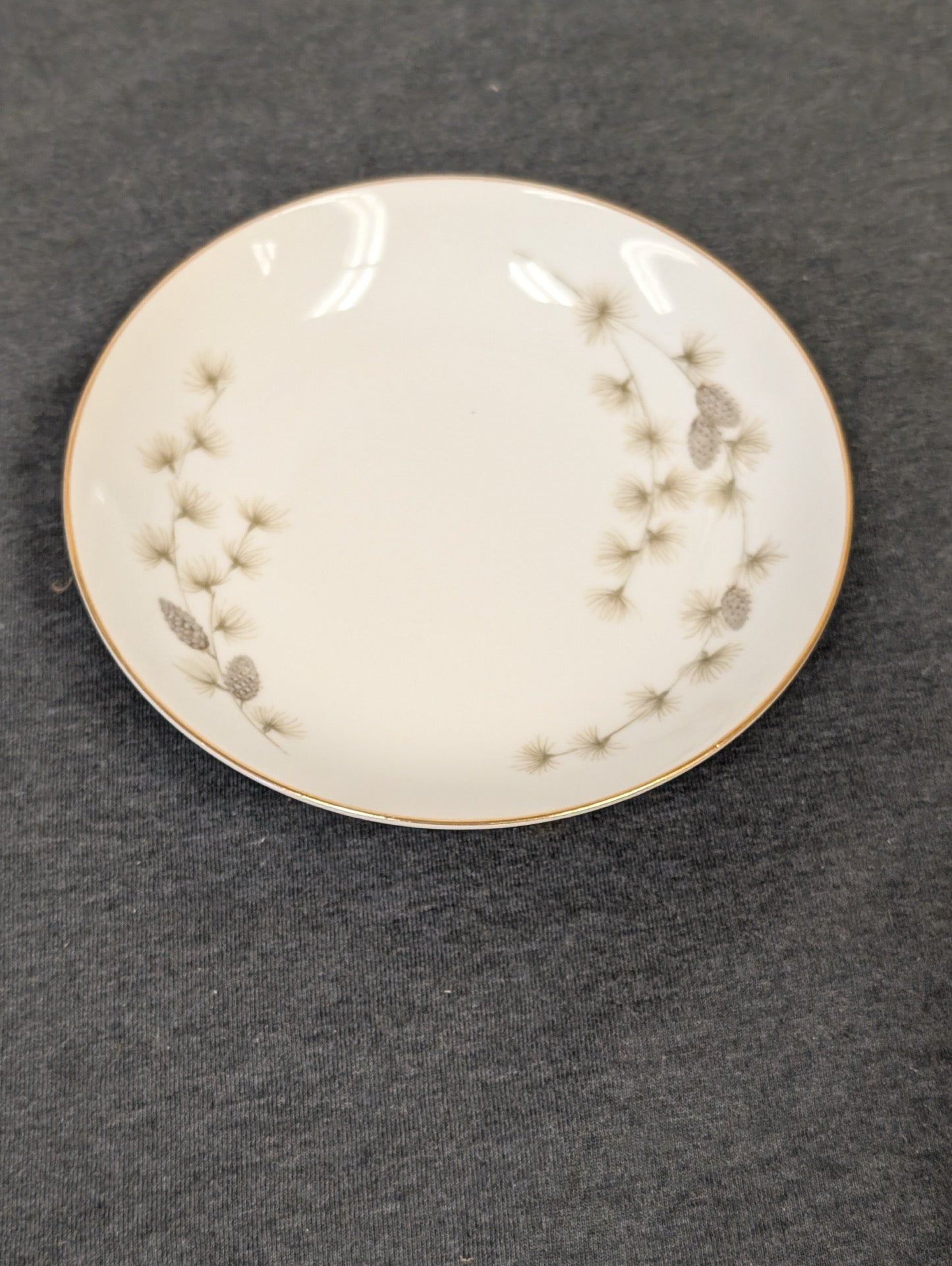 Clear front view of a white china plate with green and brown pine needles.