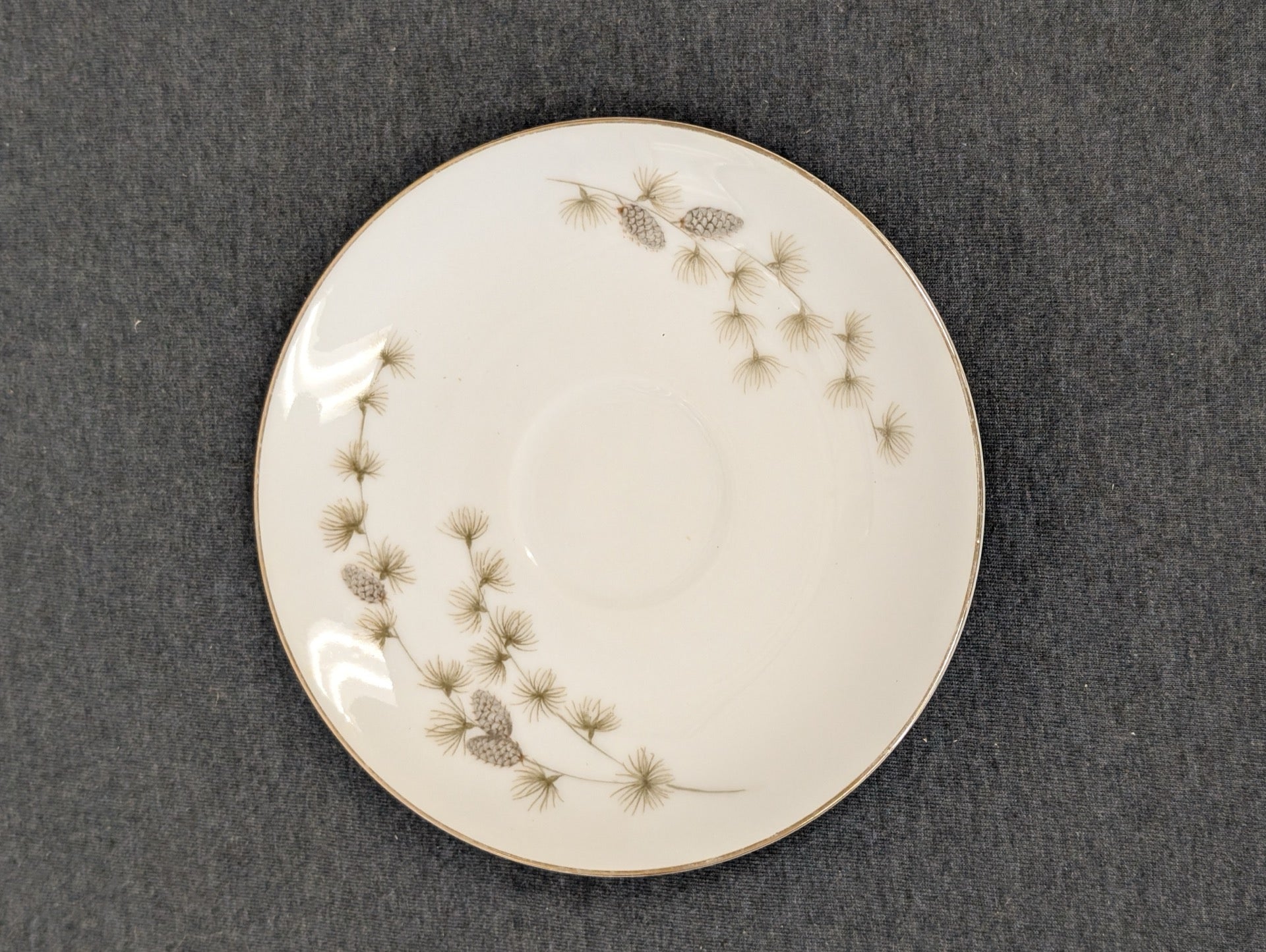 Top view of a vintage Mikasa Sequoia saucer with cup indentation and pinecone design
