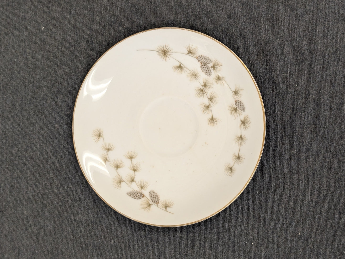 Top down view of Mikasa Sequoia saucer with pine cone graphics