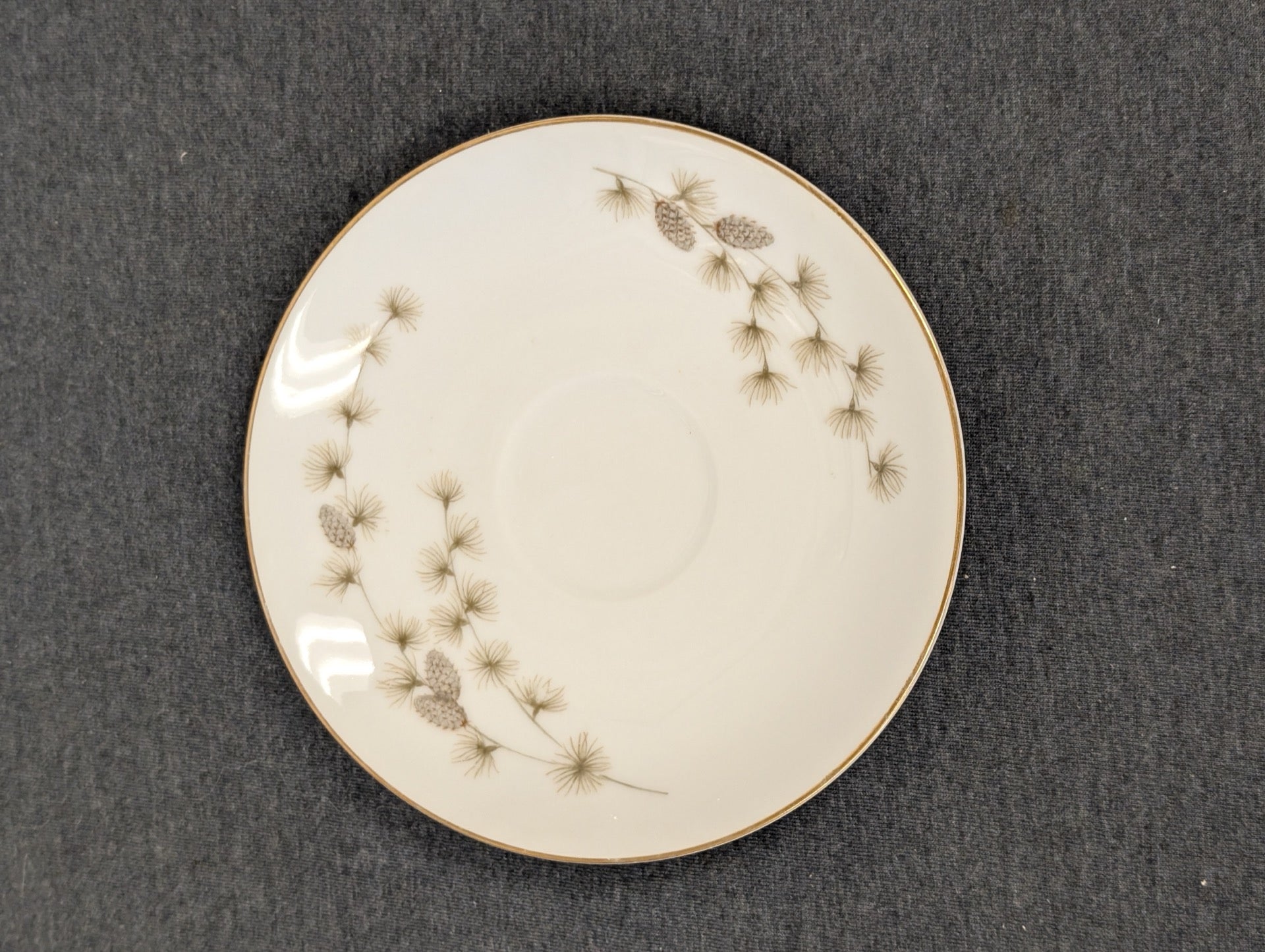 Elegant Mikasa Sequoia fine china saucer displaying a delicate pine pattern.