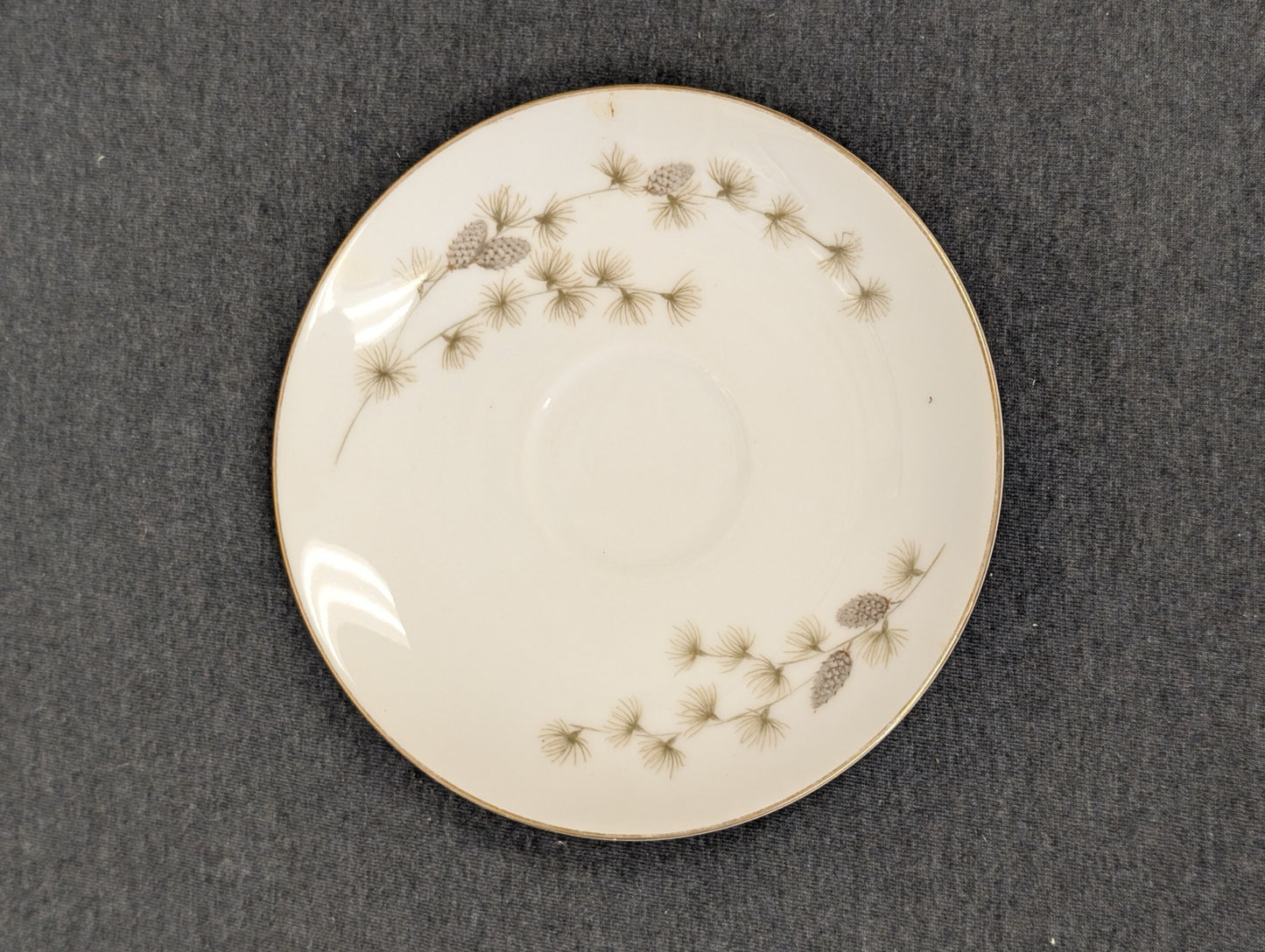 Mid-century Mikasa Sequoia fine china saucer with pinecone accents.