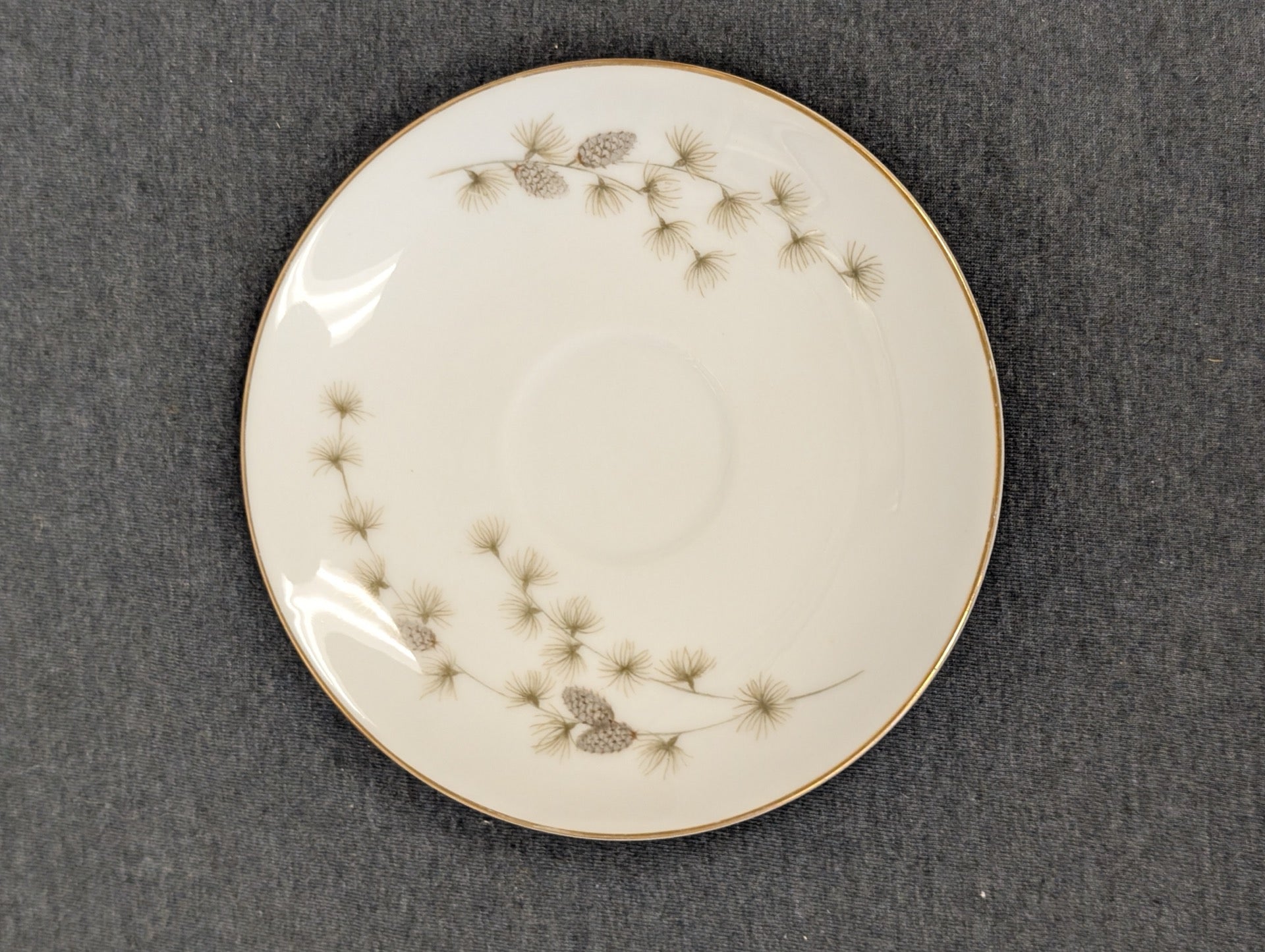 Rustic Mikasa fine china saucer featuring a delicate pinecone pattern.