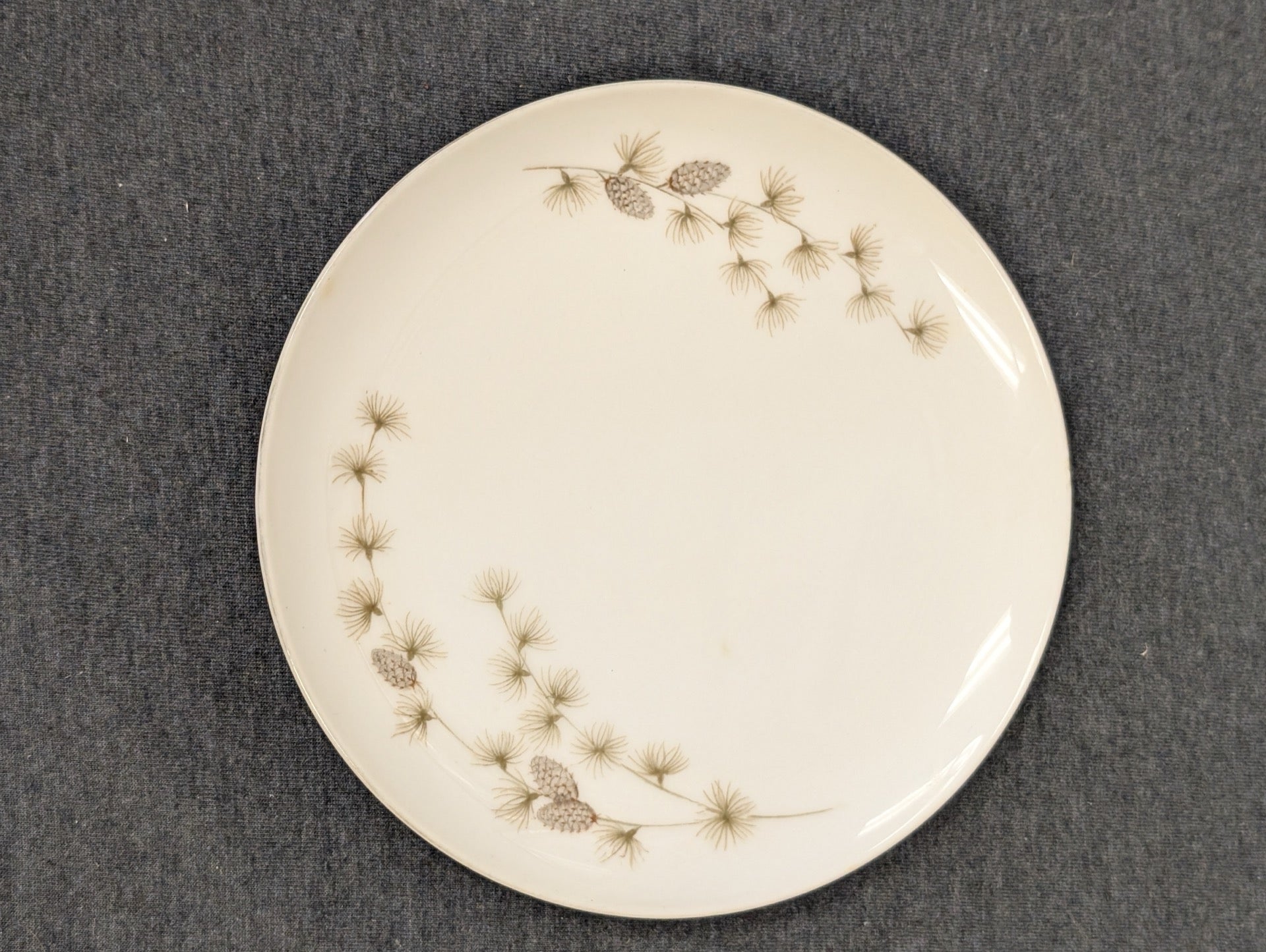 Vintage Mikasa Sequoia fine china dinner plate with pinecone border.