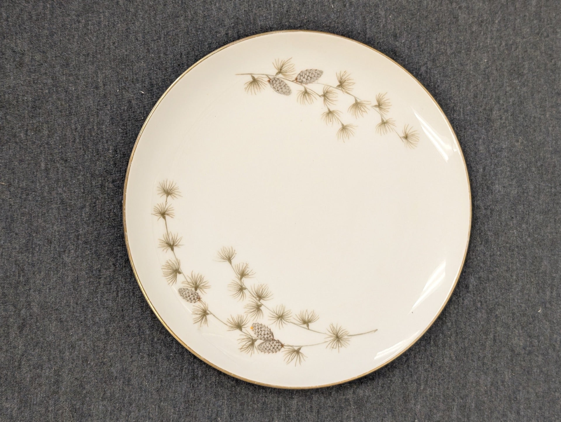 White vintage dinner plate featuring a pinecone and pine needle border design.