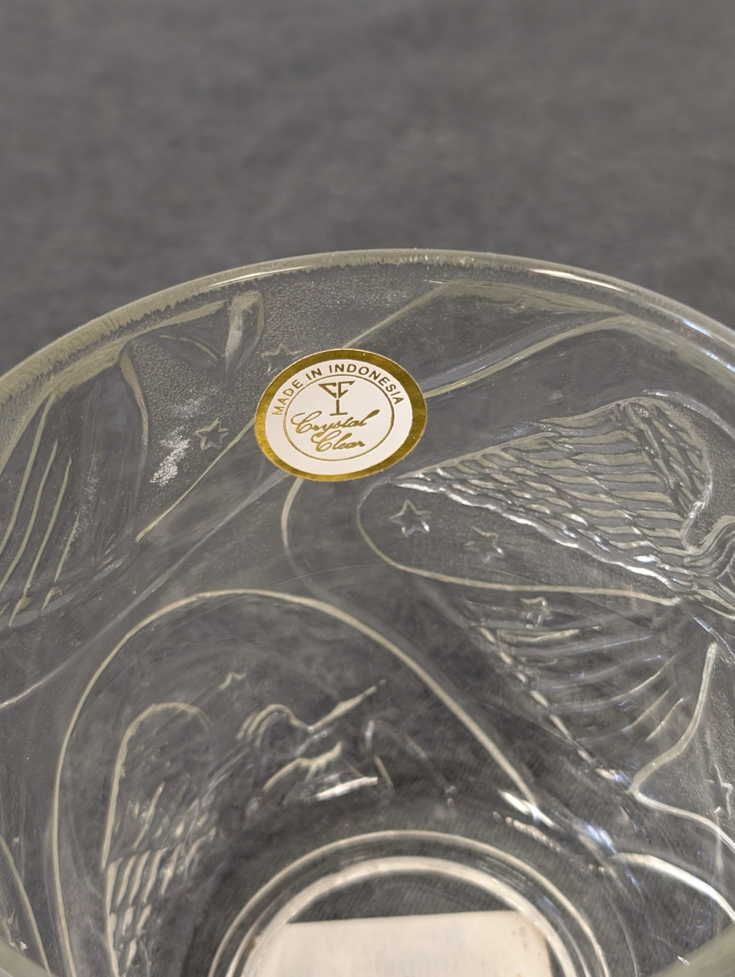 Clear glass tumbler with etched eagle and stars, Crystal Clear sticker visible