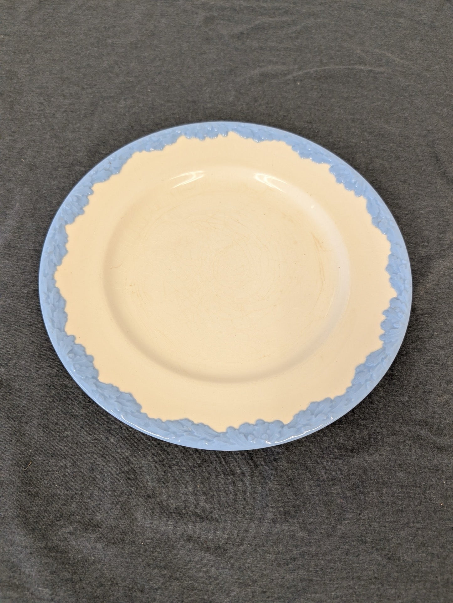 Cream colored vintage plate with a textured light blue floral leaf border.
