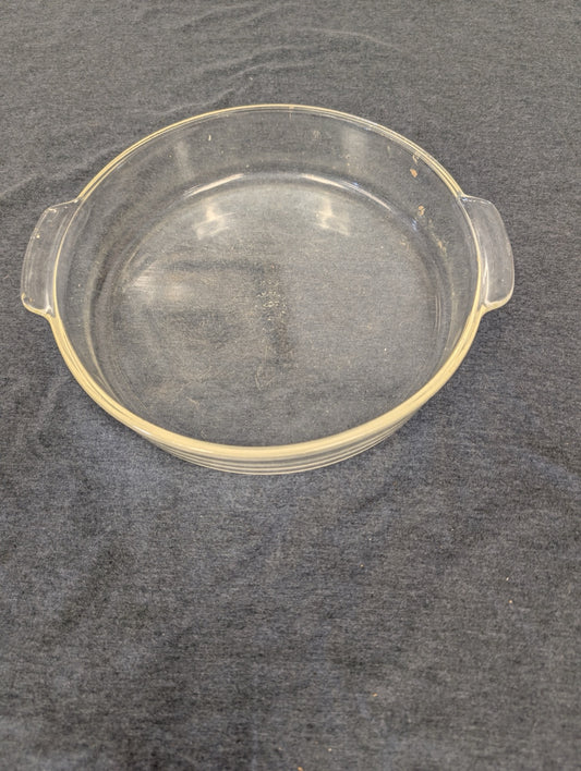 Vintage clear glass round casserole dish with dual side handles