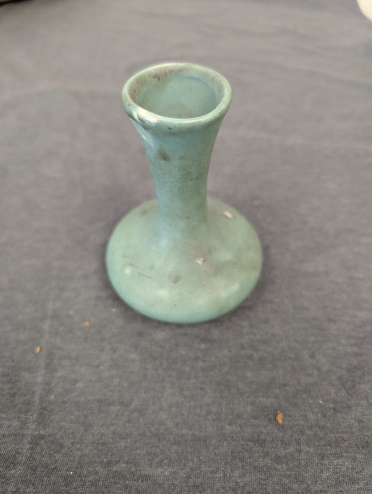Small matte turquoise green ceramic vase with a flared rim