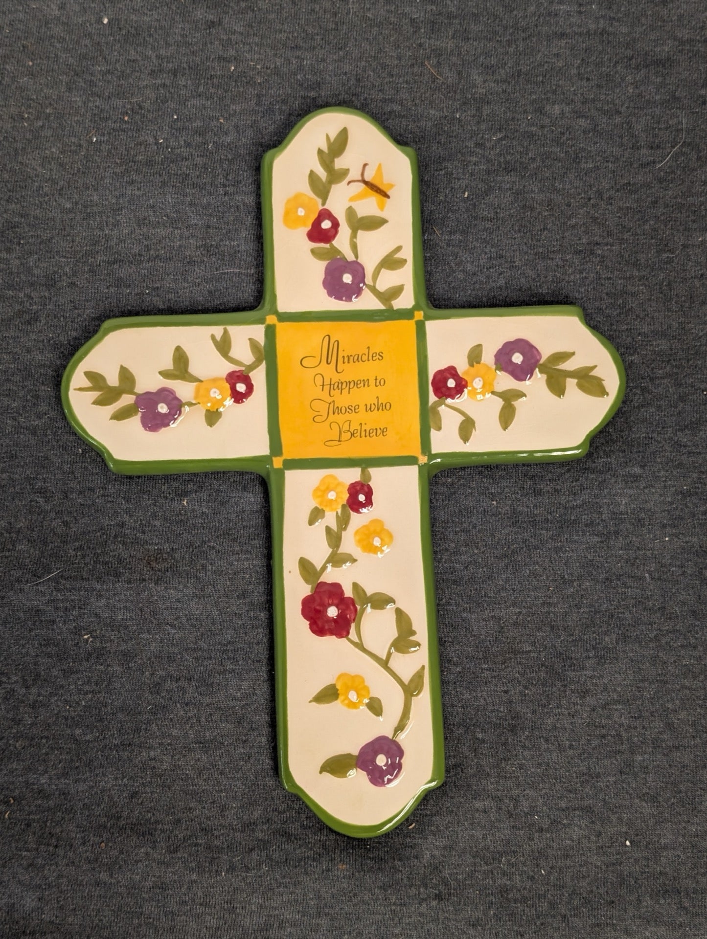 Ceramic wall cross with flowers and inspirational text