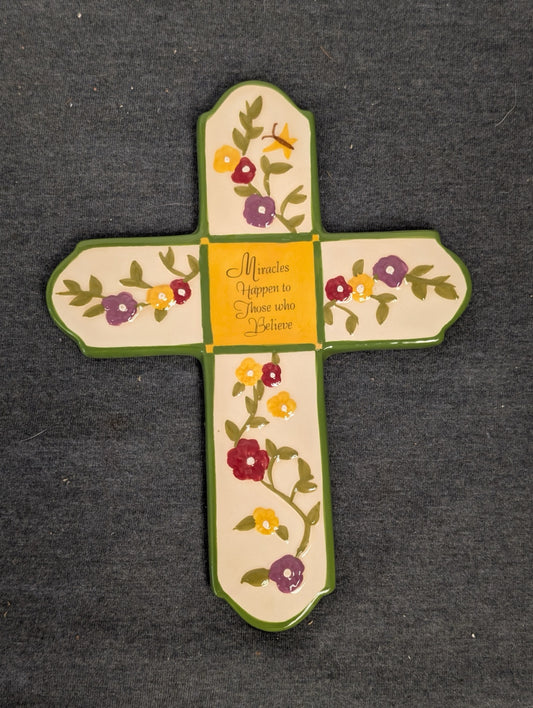 Ceramic wall cross with flowers and inspirational text