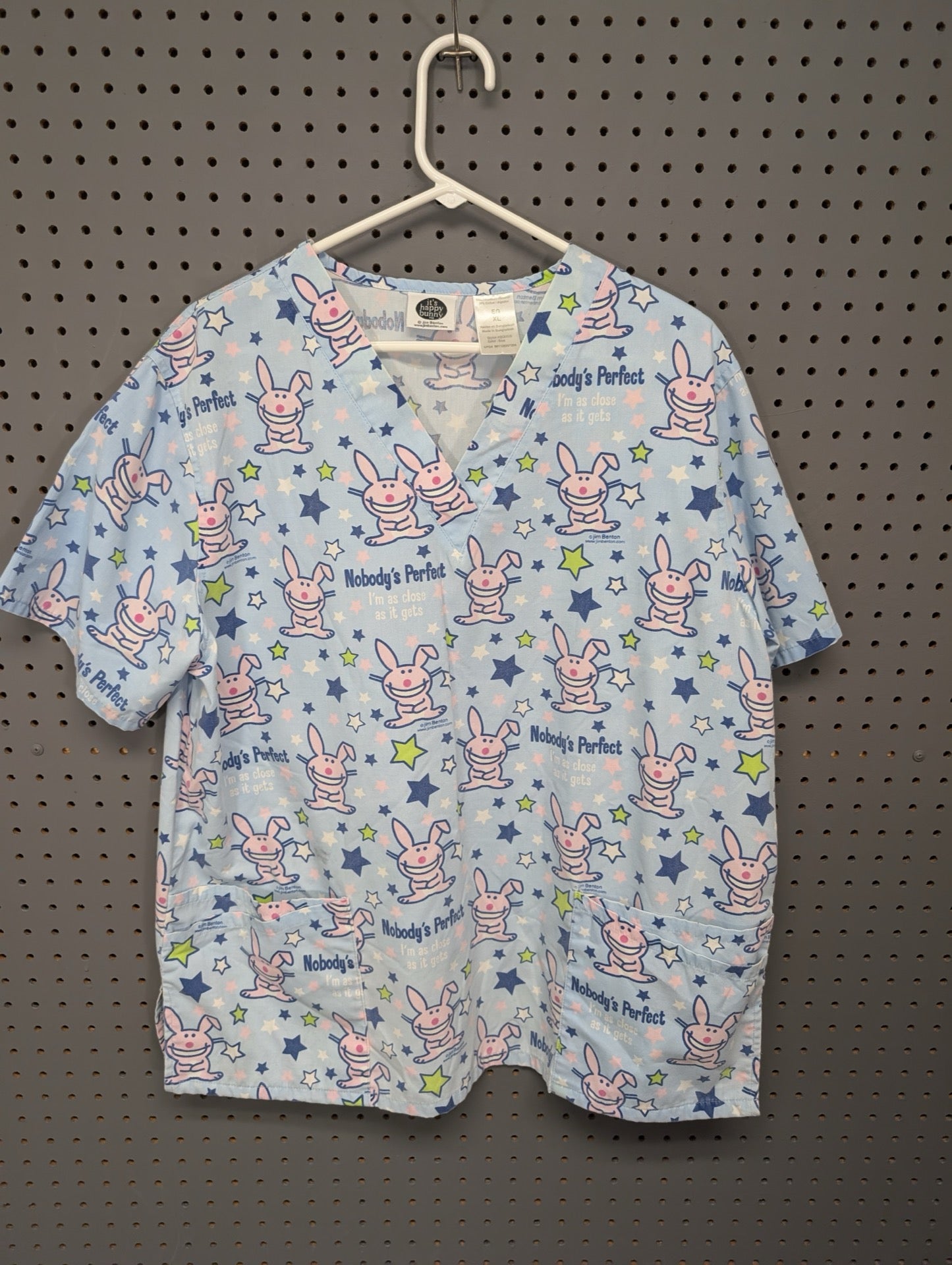Front view of It's Happy Bunny scrub top