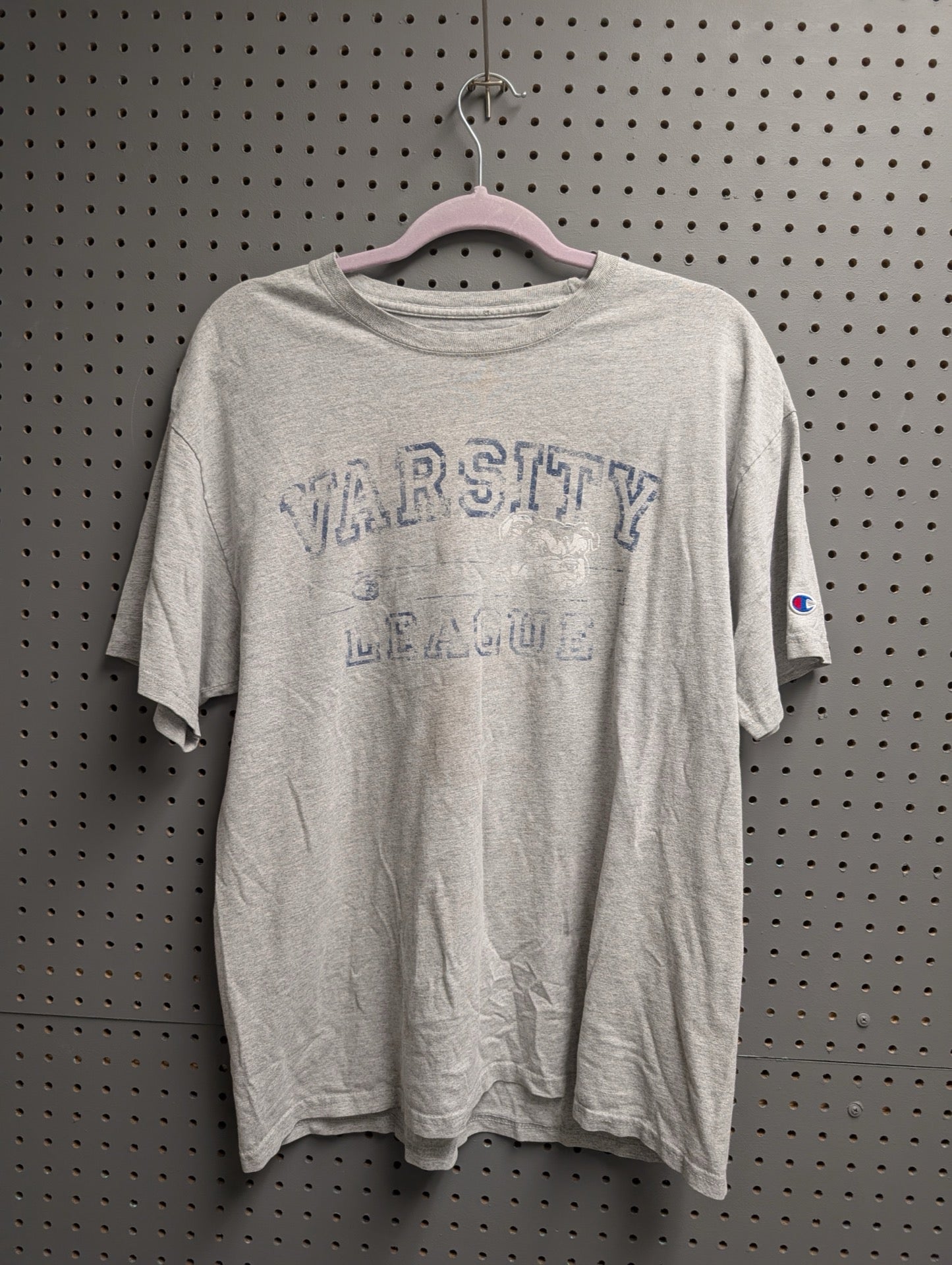 Front view of grey Champion Varsity League bulldog graphic t-shirt