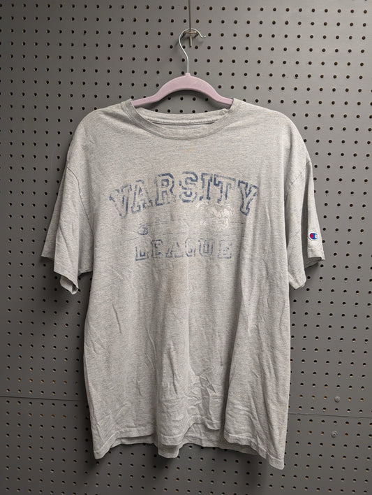 Front view of grey Champion Varsity League bulldog graphic t-shirt