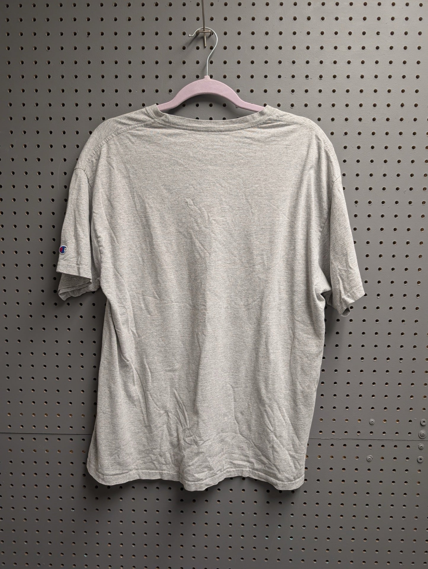 Back view of plain grey Champion t-shirt