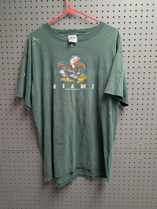 Front view of green Miami Hurricanes Majestic vintage t-shirt with ibis graphic