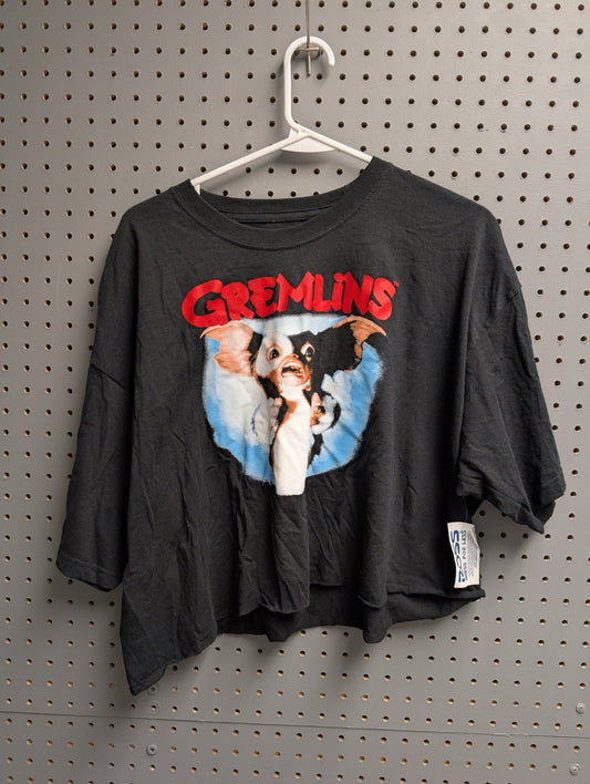 Front view of black cropped Gremlins t-shirt with tags