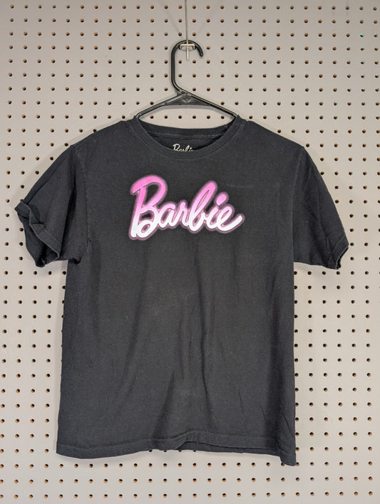 Front view of black youth Barbie t-shirt with pink logo