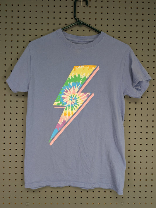Front view of light blue Girlie Girl t-shirt with tie-dye lightning bolt