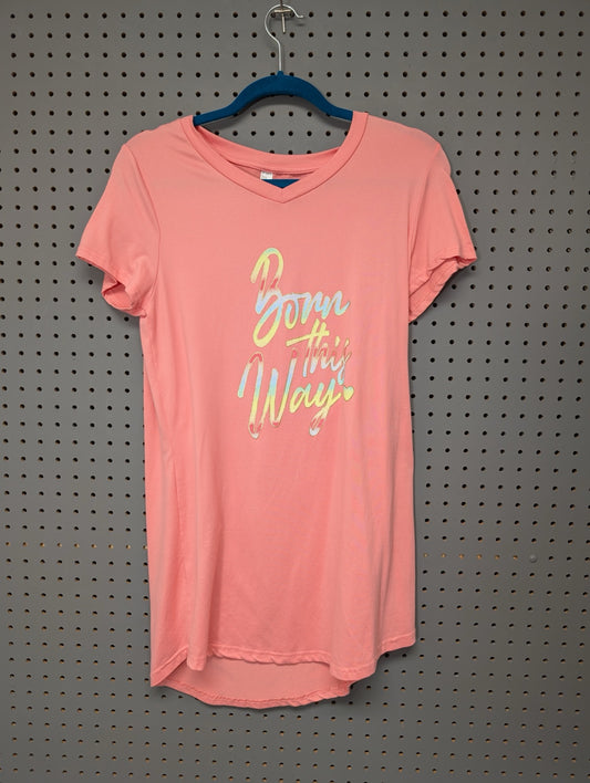 Front view of pink Born This Way v-neck t-shirt