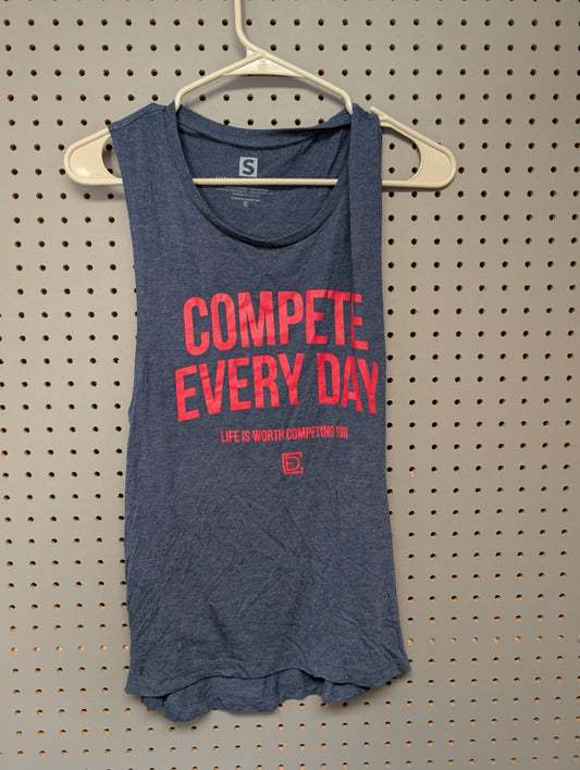 Front view of blue Compete Every Day muscle tank