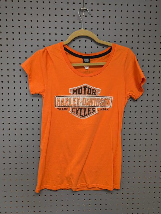 Front view of orange Harley-Davidson t-shirt with rhinestone logo