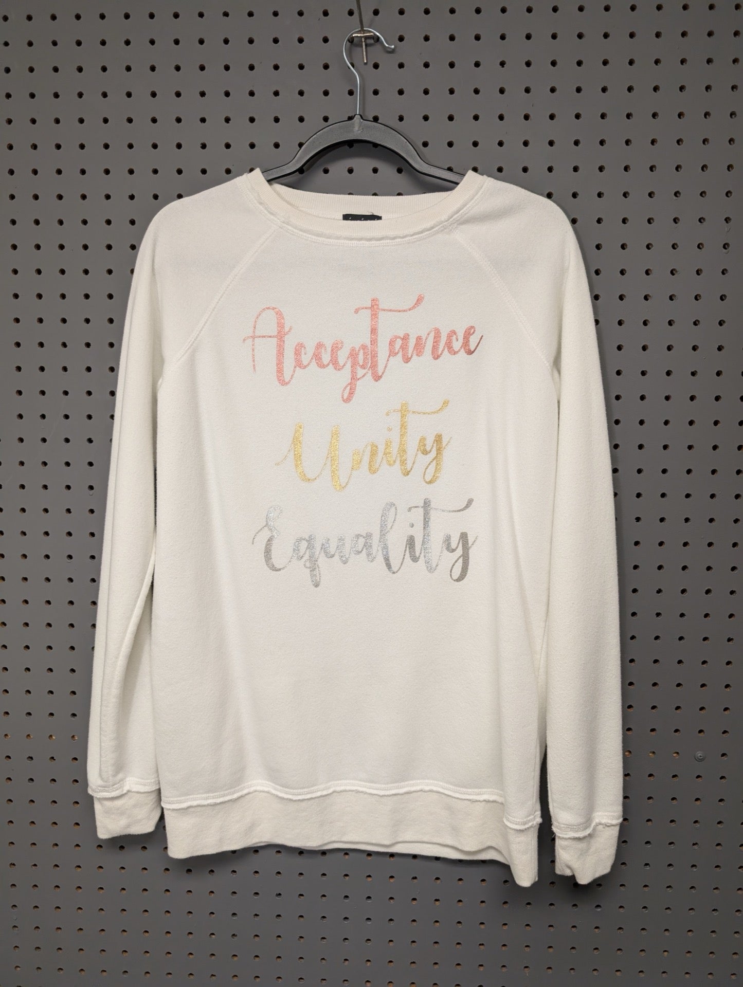 Front view of cream joci & i sweatshirt with metallic text