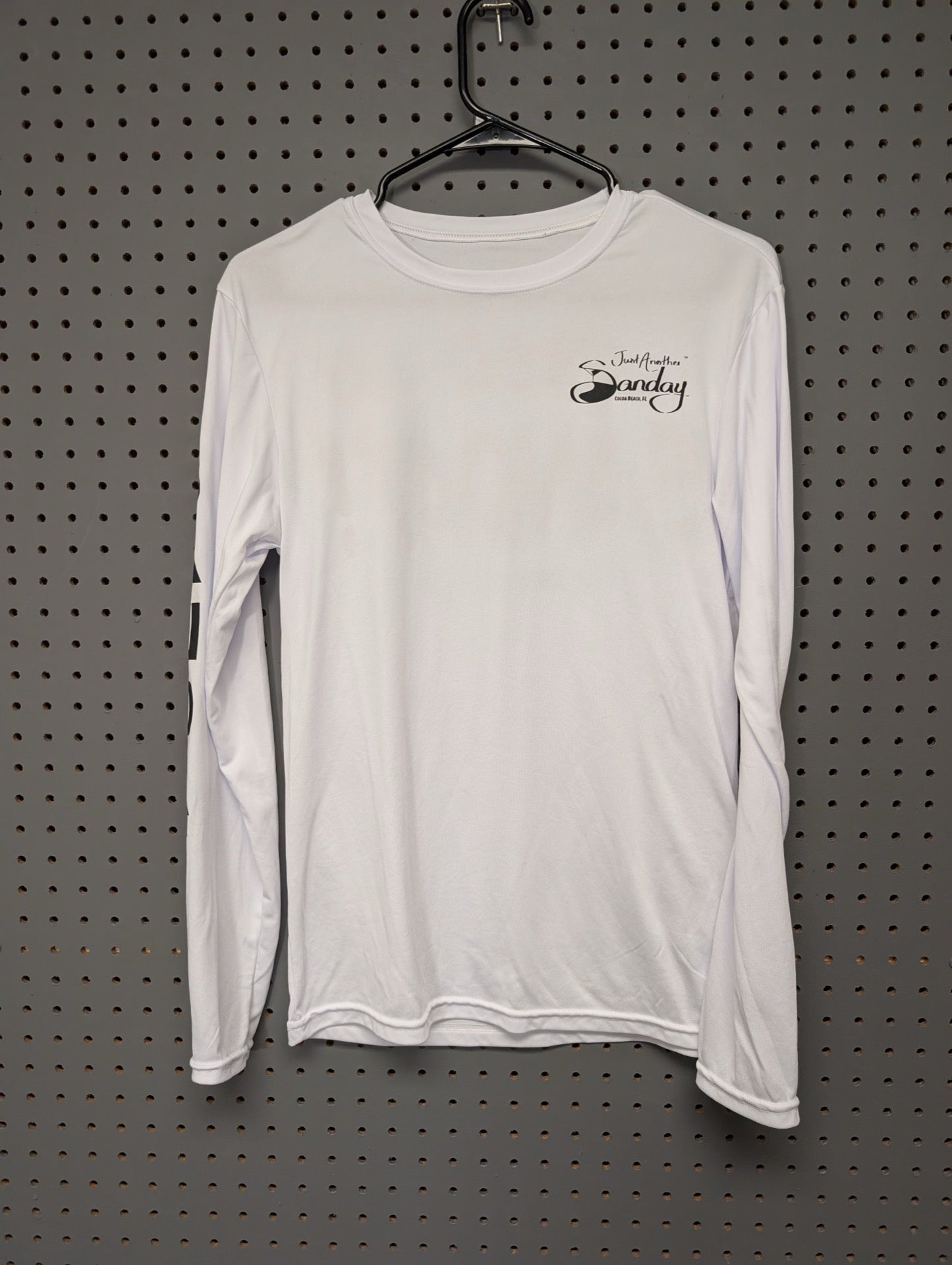 Front view of white Just Another Sanday long sleeve t-shirt