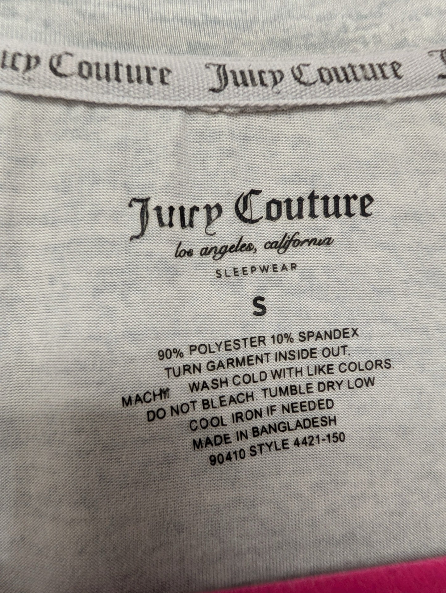 Printed Juicy Couture Sleepwear tag showing size small