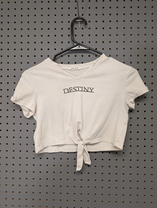 Front of white SHEIN tie-front crop top with Destiny graphic