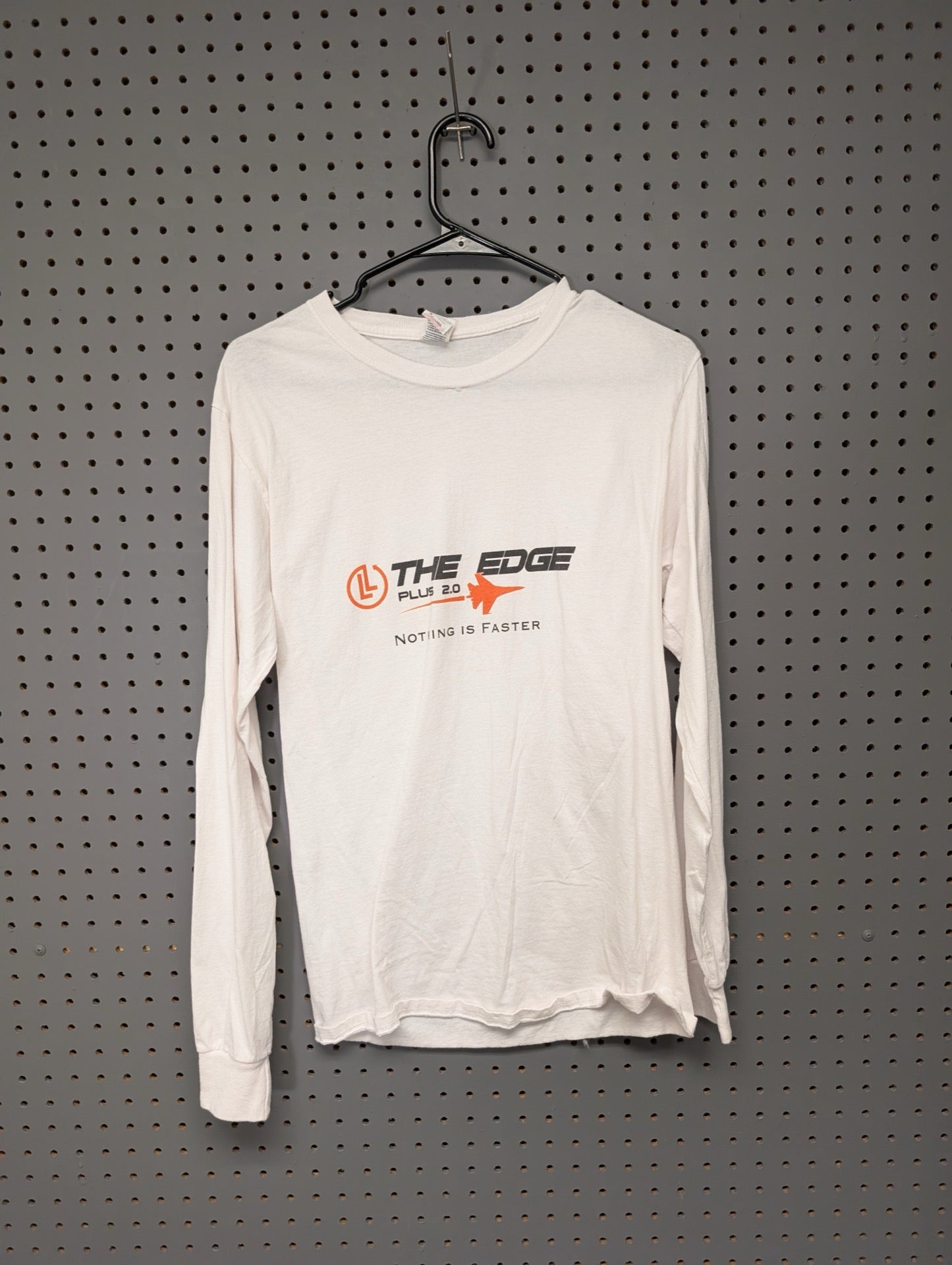 Front of white long sleeve shirt with The Edge logo