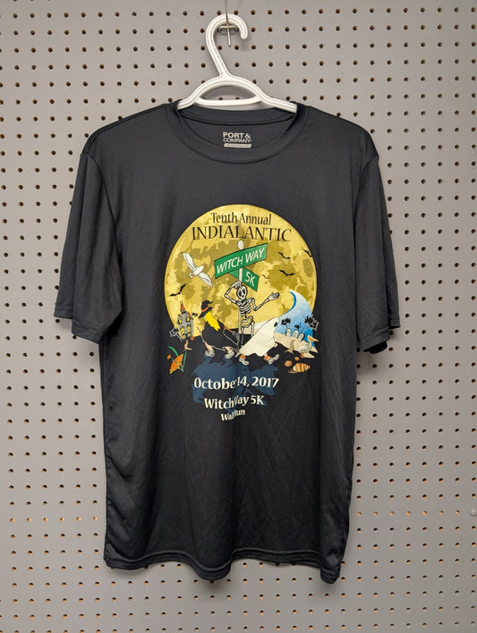 Front of black Witch Way 5K Halloween running shirt