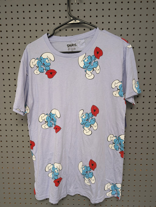 Front of light blue Smurfs all-over print t-shirt