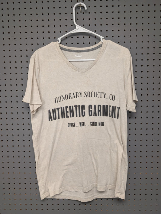 Front of beige Old Navy graphic v-neck tee