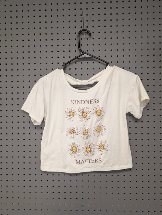 Front of white Belle du Jour crop top with daisy graphic