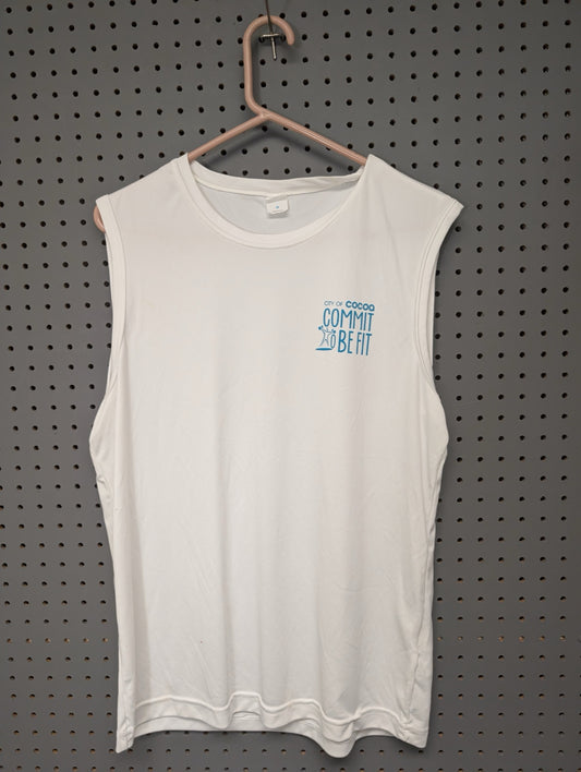 Front of white Sport-Tek sleeveless shirt with City of Cocoa logo