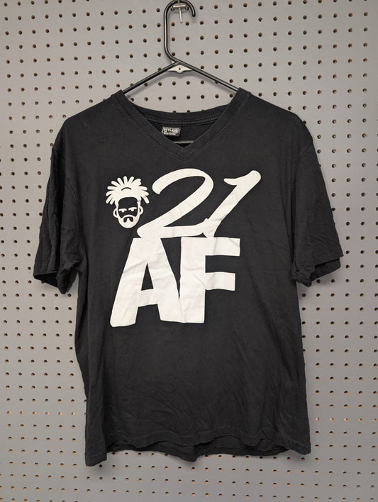Front of black v-neck shirt with 21 AF graphic
