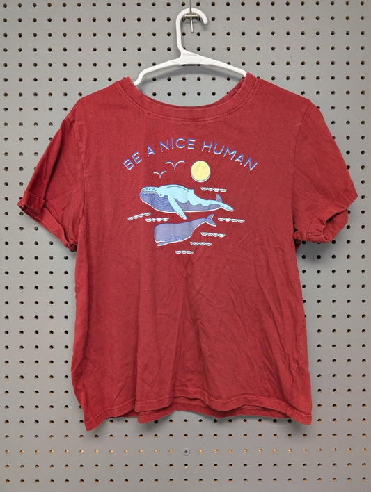 Front of red t-shirt with Be A Nice Human whale graphic
