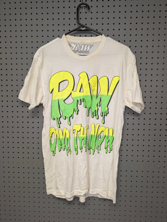 Front of white RAW t-shirt with neon slime graphic showing stains
