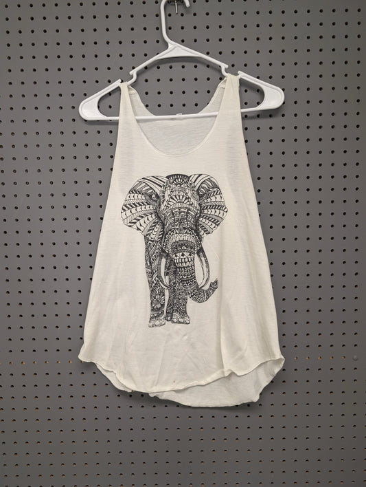 Front view of white tank top with elephant graphic