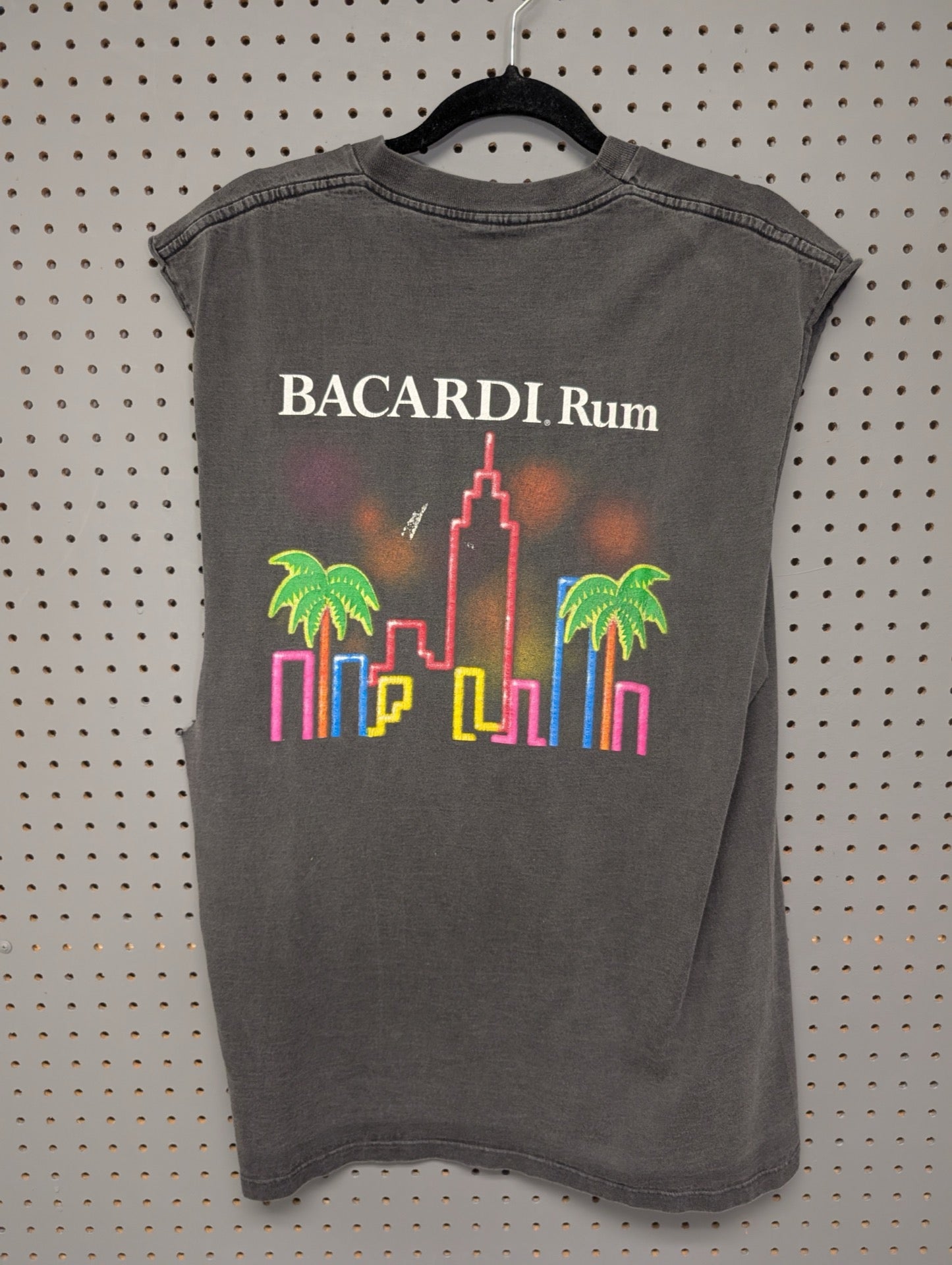 Back of Bacardi shirt showing neon skyline