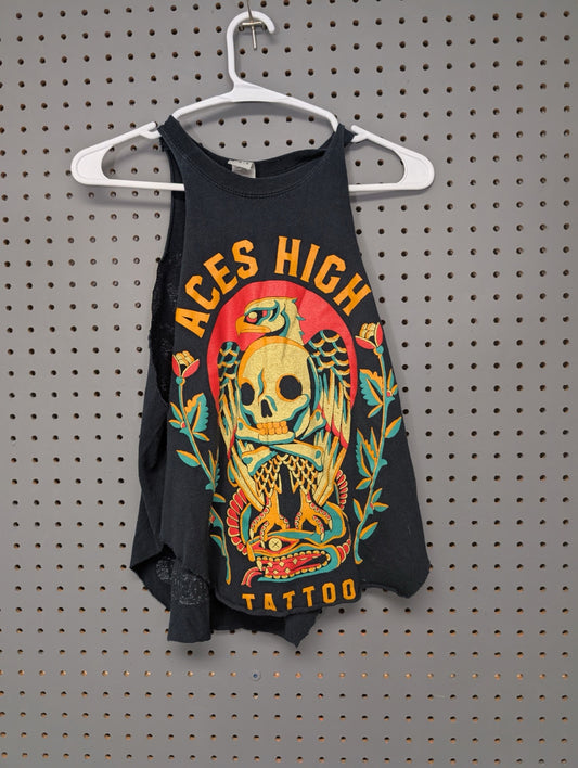 Front of black sleeveless tee with skull and eagle graphic