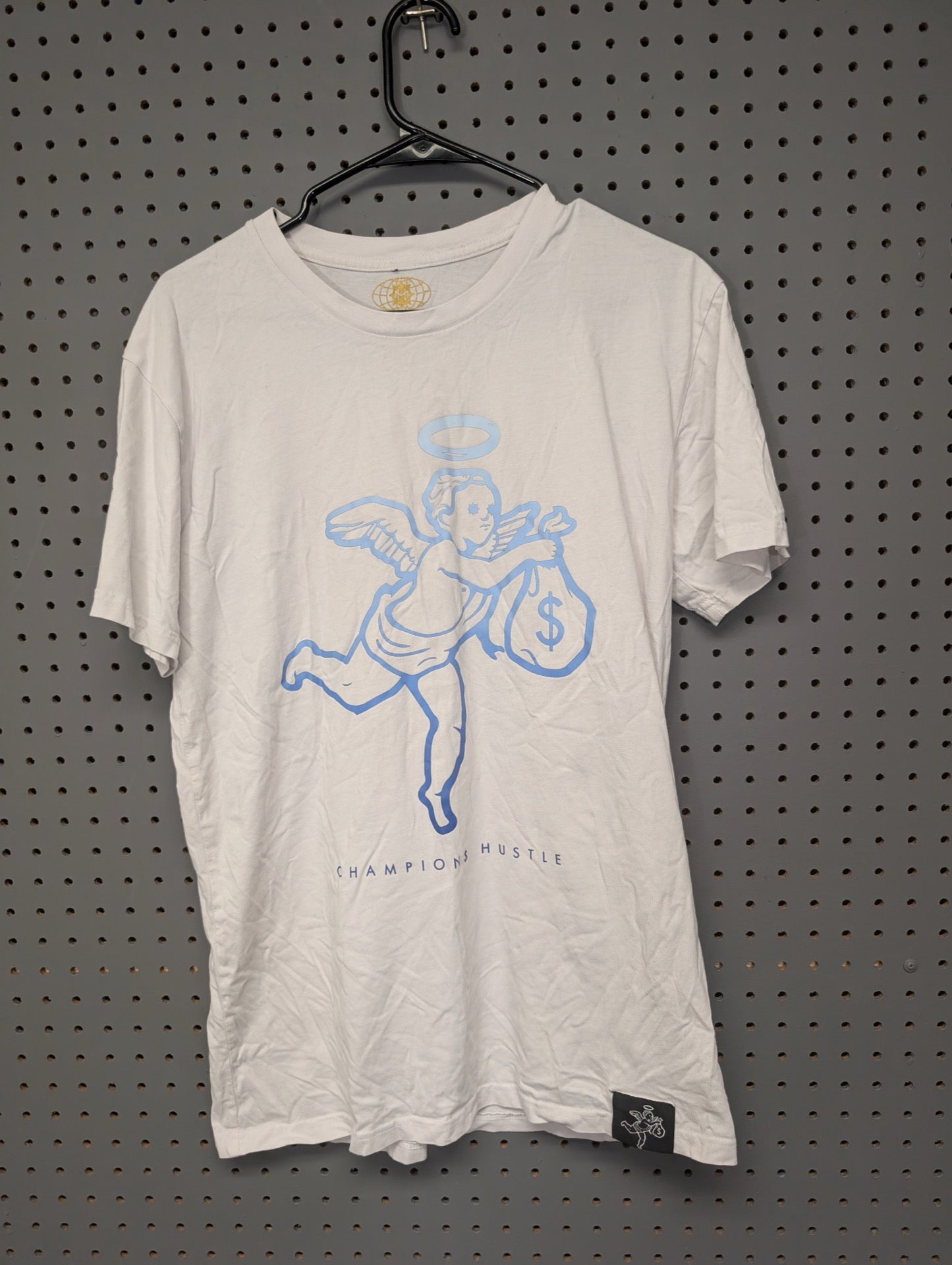 Front of white Muerte Hustle Daily angel shirt