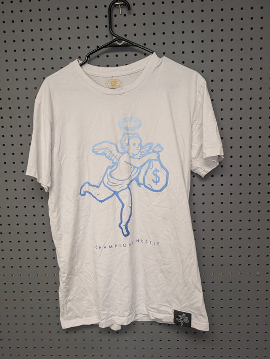 Front of white Muerte Hustle Daily angel shirt