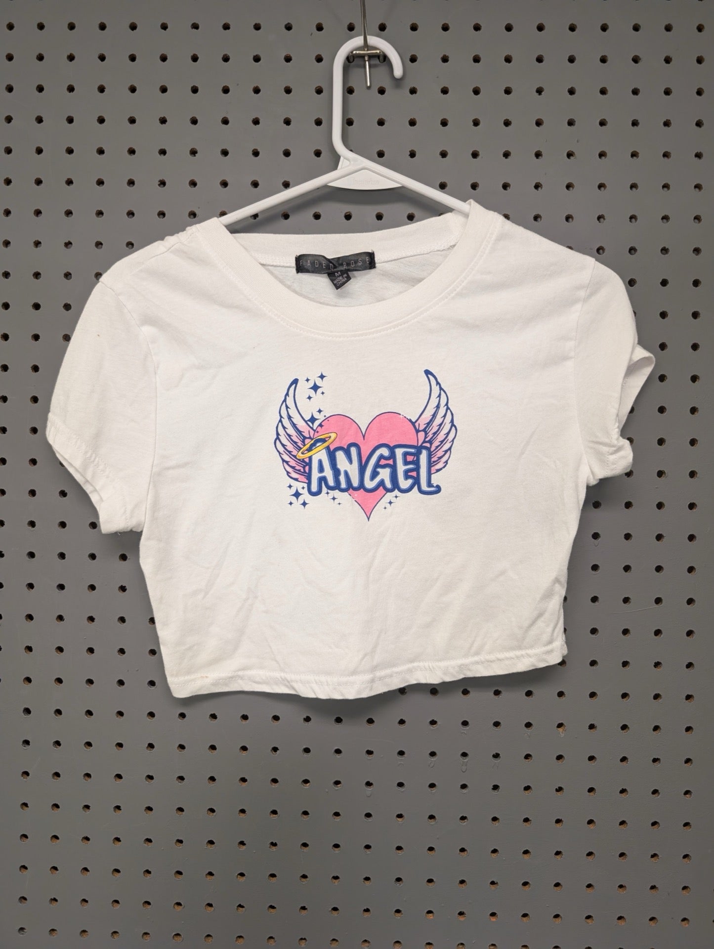 Front of white Faded Rose angel crop top