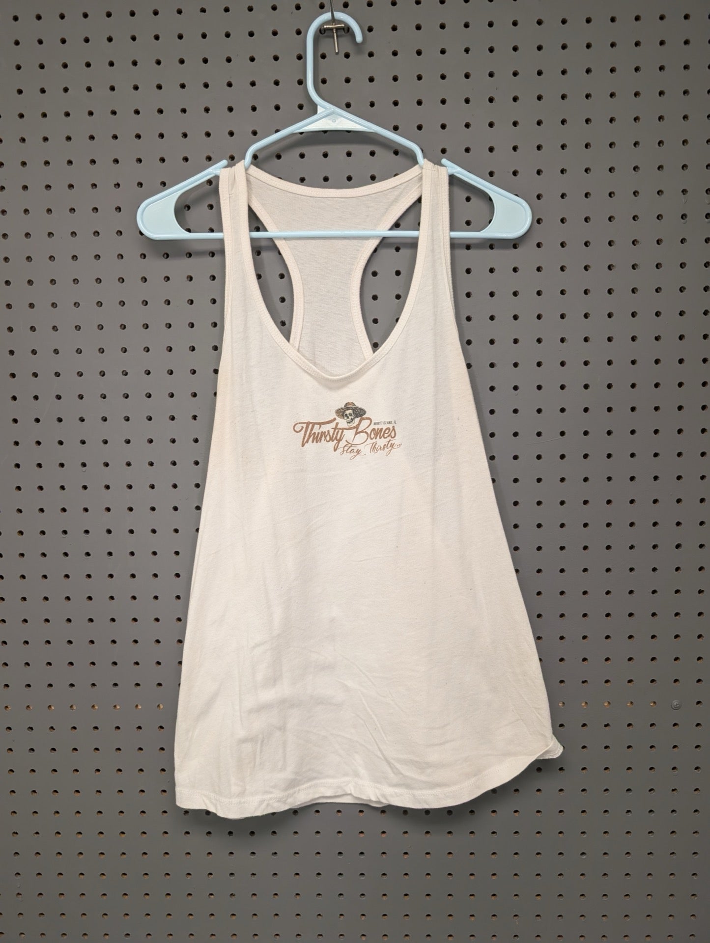 Front of white Thirsty Bones racerback tank top