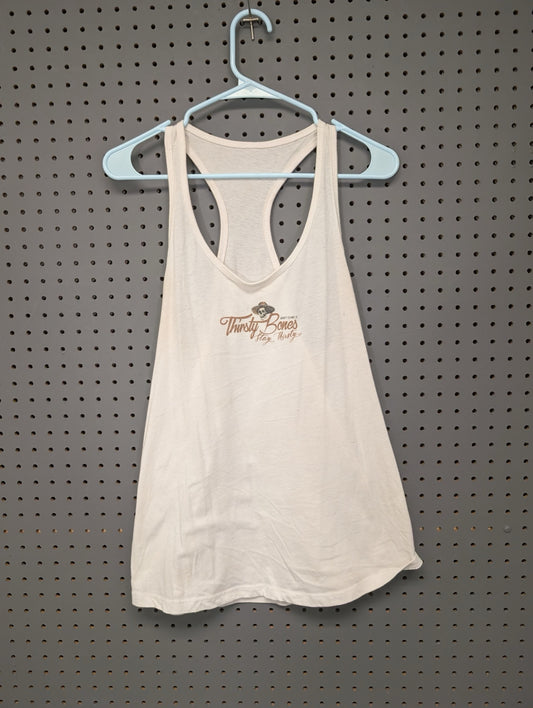 Front of white Thirsty Bones racerback tank top