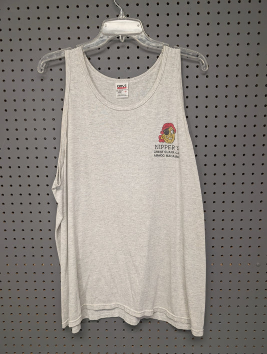 Front of gray tank top with small Nipper's pirate logo