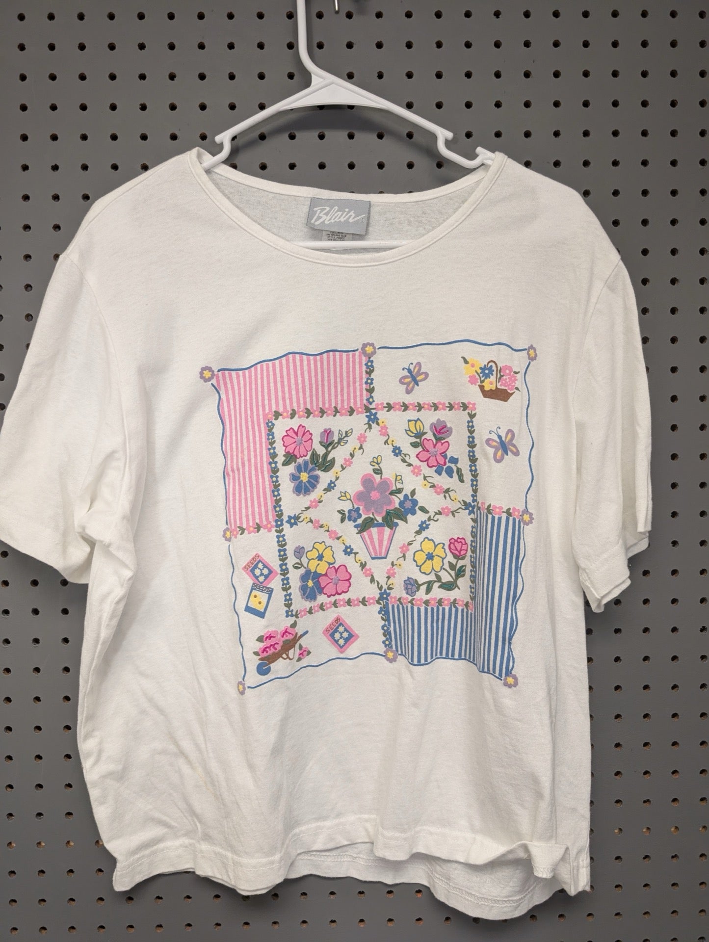 Front view of vintage Blair floral quilt white t-shirt